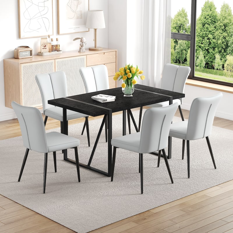 Kitchen Dining Table Set for 4-6 People, Rectangular Wooden Table with Faux Leather Dining Chairs