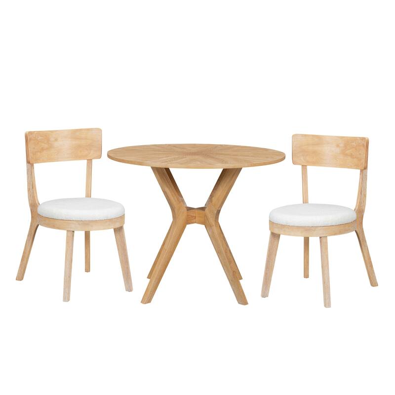 Mid-Century Modern 39.4" Round Dining Table Set with 2 Chairs, Intersecting Wooden Legs, Rubberwood & Plywood Construction - Beige+Natural
