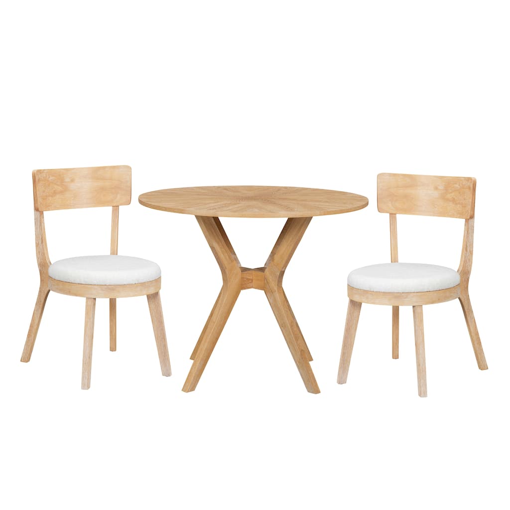 Mid-Century Modern 39.4" Round Dining Table Set with 2 Chairs, Intersecting Wooden Legs, Rubberwood & Plywood Construction