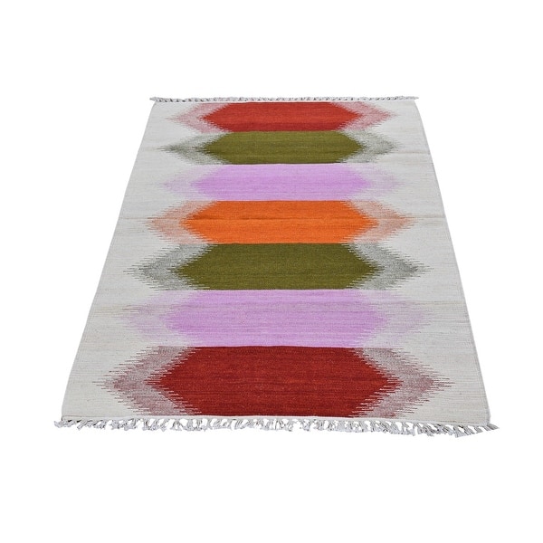 slide 2 of 5, Shahbanu Rugs Colorful Durie Kilim Flat Weave Geometric Design Pure Wool Hand Woven Oriental Rug (3'0" x 5'1") - 3'0" x 5'1"