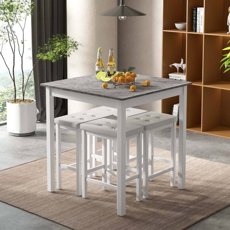 5 PCS Bar Table Set Square Dining Table & 4 PVC Leather Bar Stools
