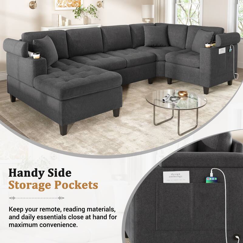 Oversized Corner Sectional, Modern U-Shaped Sectional Sofa with Built-in Storage Boxes and Dual Cup Holders, USB Ports, Pockets