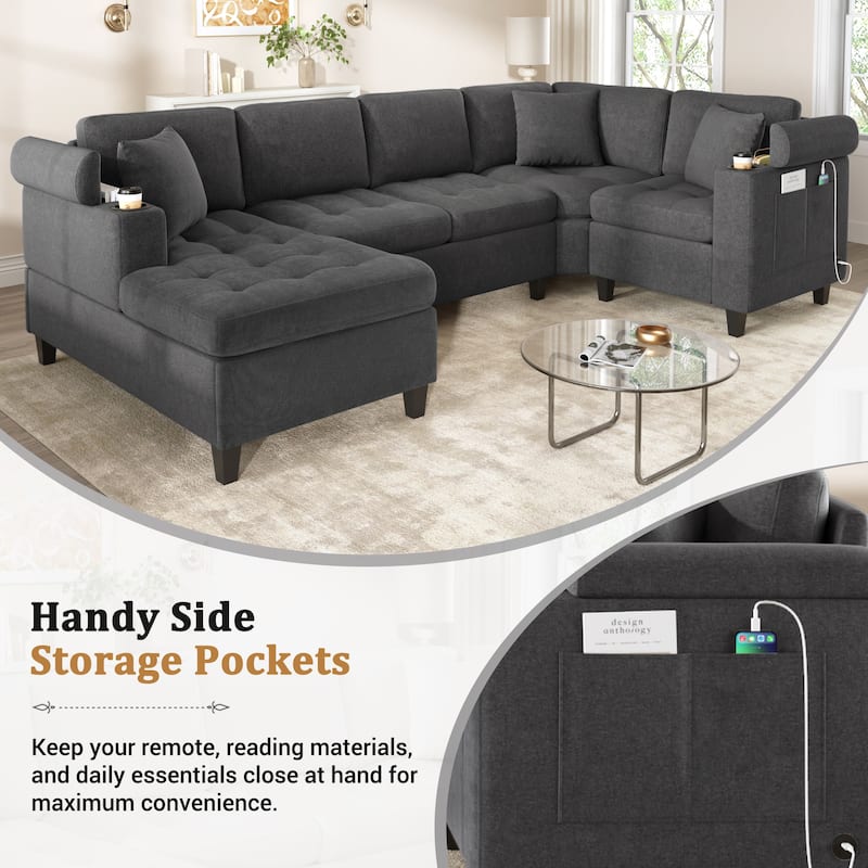 Roomfitters 115.7-Inch Modern U-Shaped Oversized Sectional Sofa, Corner Living Room Couch with Built-In Cup Holders