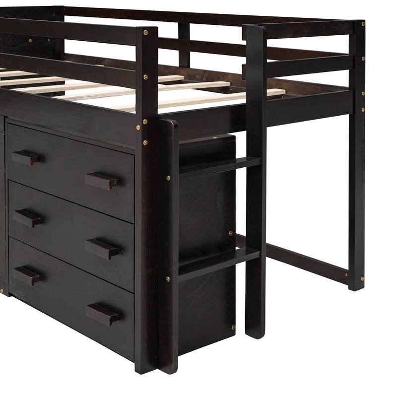 Twin Size Low Loft Bed with Drawers, Shelf and Cabinet, Storage Platform Bed, Solid Wood Bed Frame with Ladder and Guardrails