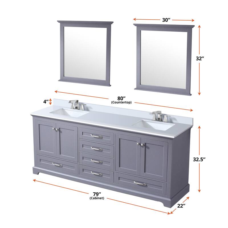 Dukes 80 in. W x 22 in. D Dark Grey Double Bath Vanity, White Quartz Top, Faucet Set, and 30 in. Mirrors