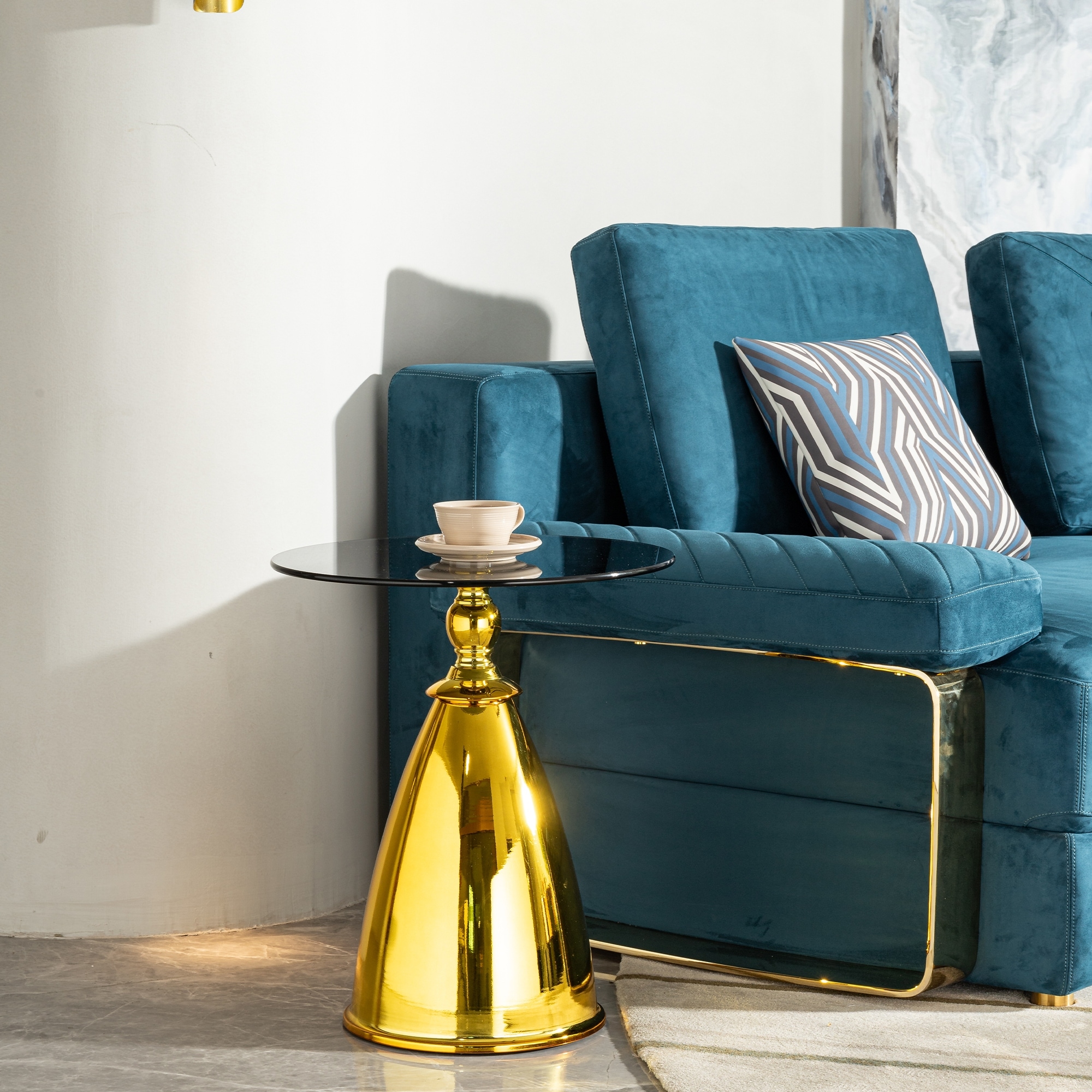 Round Side Table with Glass Top, Small Coffee End Table with Gold Metal Pedestal Base (Black & Gold)