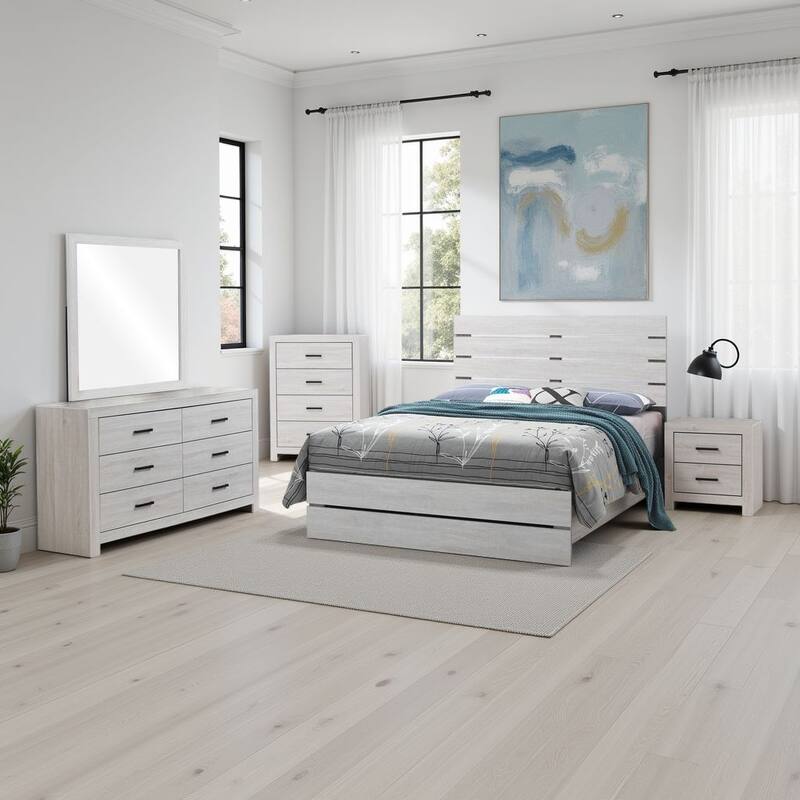 Sili 5pc Queen Bedroom Set, Dresser Mirror, Coastal White Bronze