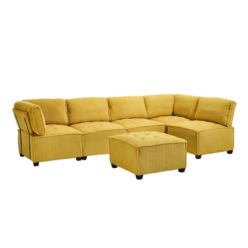 121.26" Corduroy Modular Sectional Sofa 6- Seat U Shaped Couch with Reversible Chaise and Ottoman