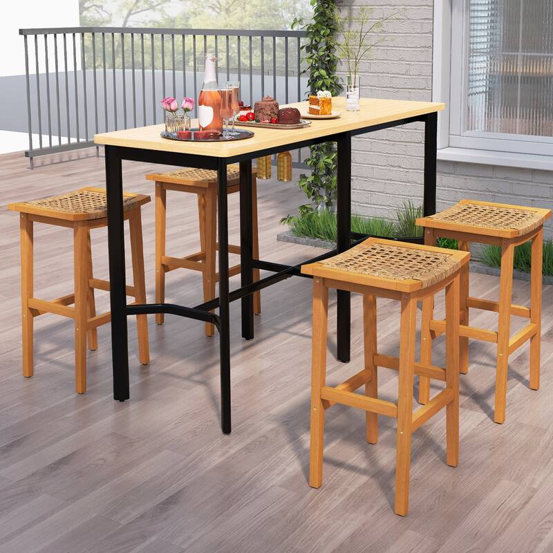 Natural Set of 2 Patio Acacia Wood Bar Stools with PE Rattan Saddle Seat for Deck or Balcony - Stool: 14" x 18" x 29"