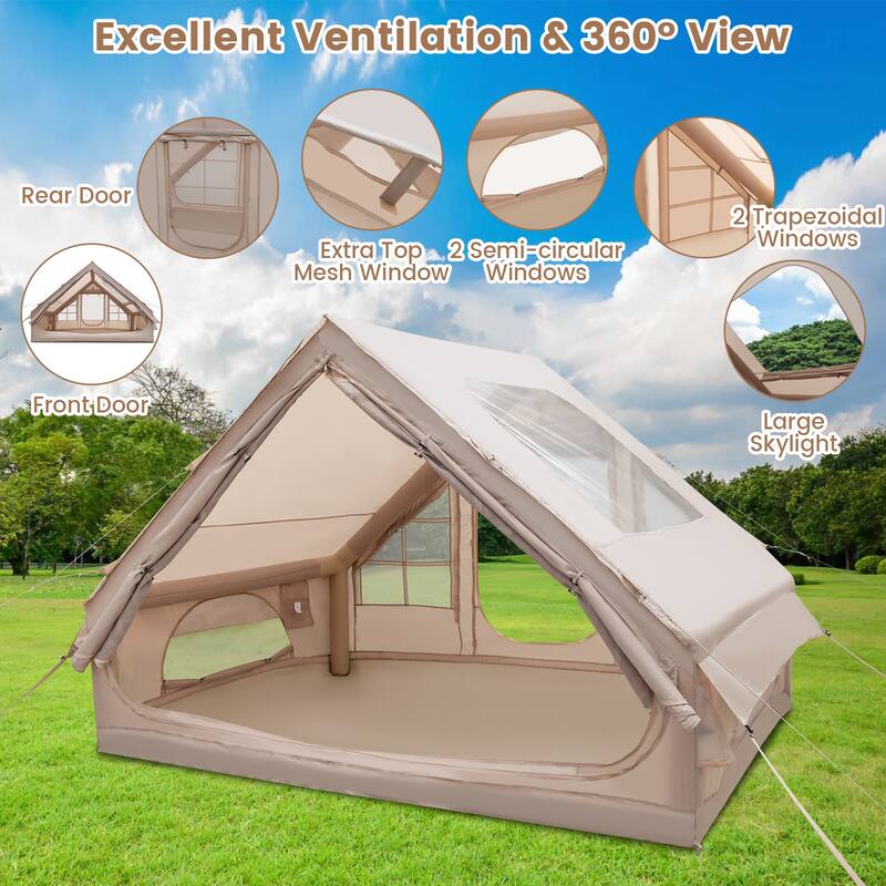 4-6 Person Beige Inflatable Camping Tent with Porch Waterproof Cabin Shelter with Pump and Carry Bag - 116.5 x 81.1 x 78.7 in