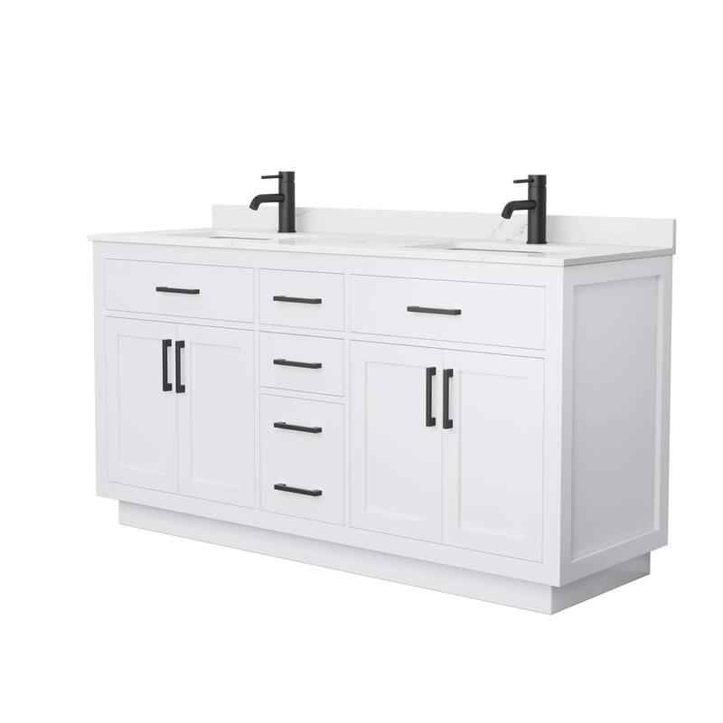 Beckett TK 66-inch Double Vanity, Single Hole Quartz Top - White, Black Trim, Giotto Quartz Top