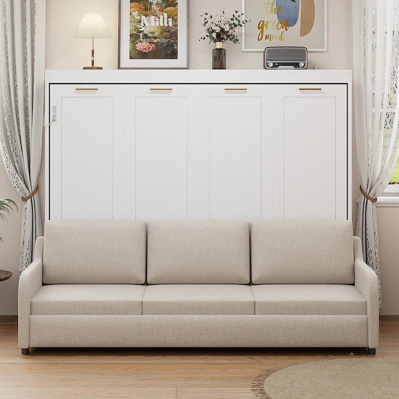 Murphy Bed Wood Cabinet Bed with Folding Sofa, Hideaway Wall Bedframe with Built-in Storage Shelves and LED Lights