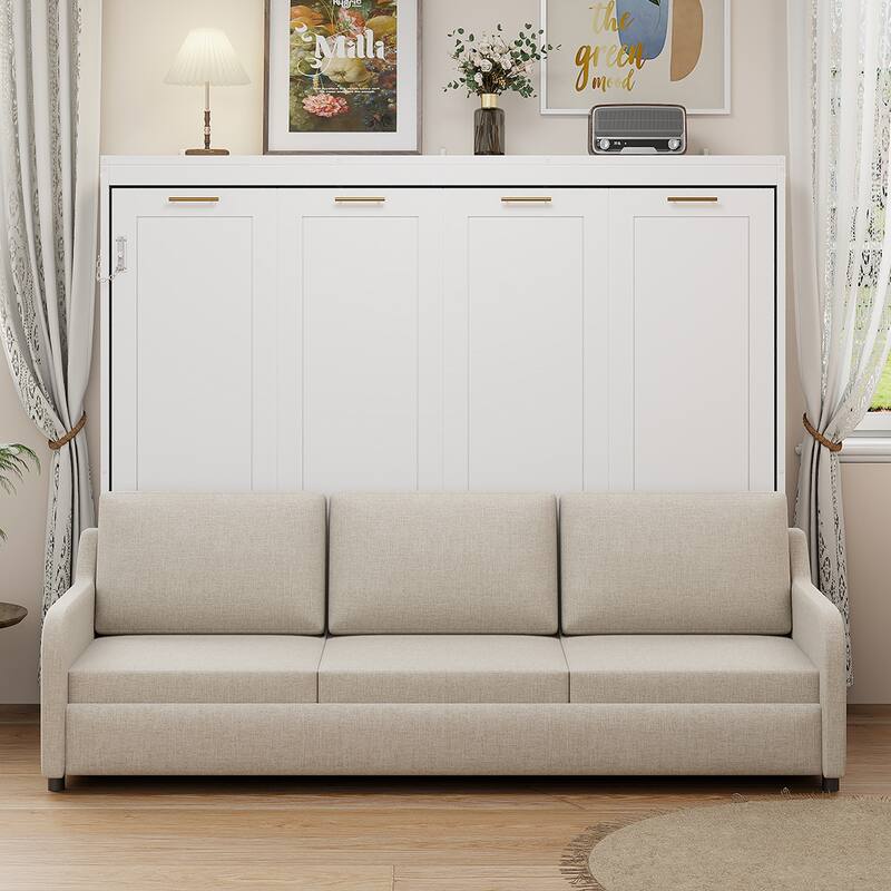Roomfitters Queen Murphy Cabinet Bed with Folding Sofa, LED Light and Storage, Beige