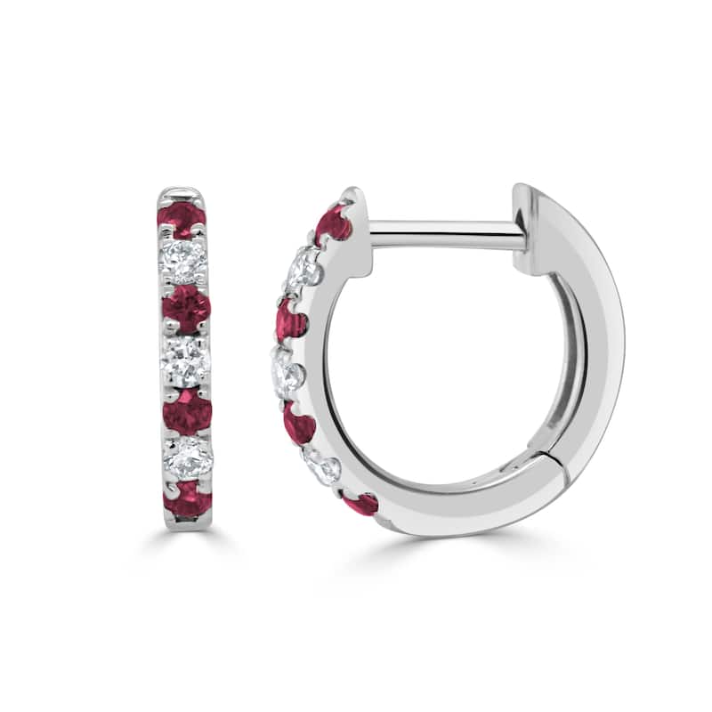 Joelle Collection Ruby & Diamond Huggie Earrings 14K Gold 11mm - White