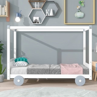Twin Size Canopy Car-Shaped Platform Bed,White