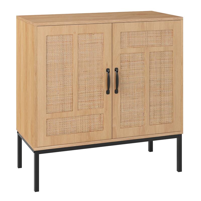 Natural Rattan Storage Cabinet with Adjustable Shelf Modern Boho Sideboard Accent Console Table with Metal Legs