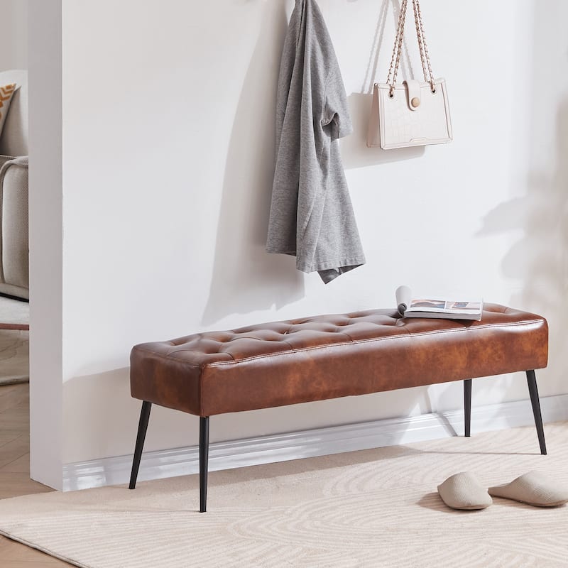Modern 44" Length Button Tufted Bench - Faux Leather - Yellowish Brown