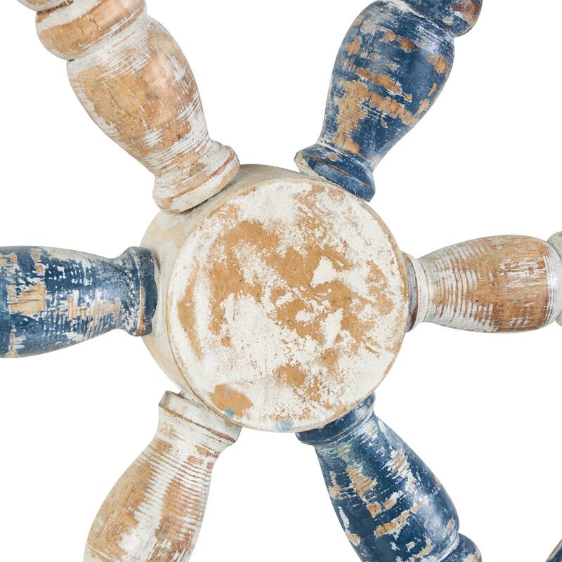 Wood Ship Wheel Distressed Two-Toned Wall Decor with Brown Accents - Blue - Roche River Decor