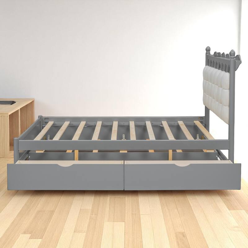 Queen Platform Bed with Trundle, 2 Big Drawers, USB & Power Outlets for Extra Storage