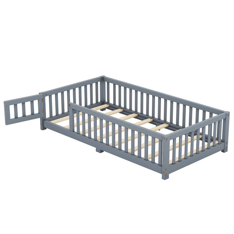 Twin Kids Floor Bed with Removable Guardrails and Door, Montessori Style Low Bed Frame for Child Independence