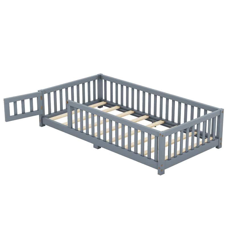 Twin Size Pine Wood Floor Bed with Safety Guardrails and Door for Kids, Boys, Girls, Bedroom