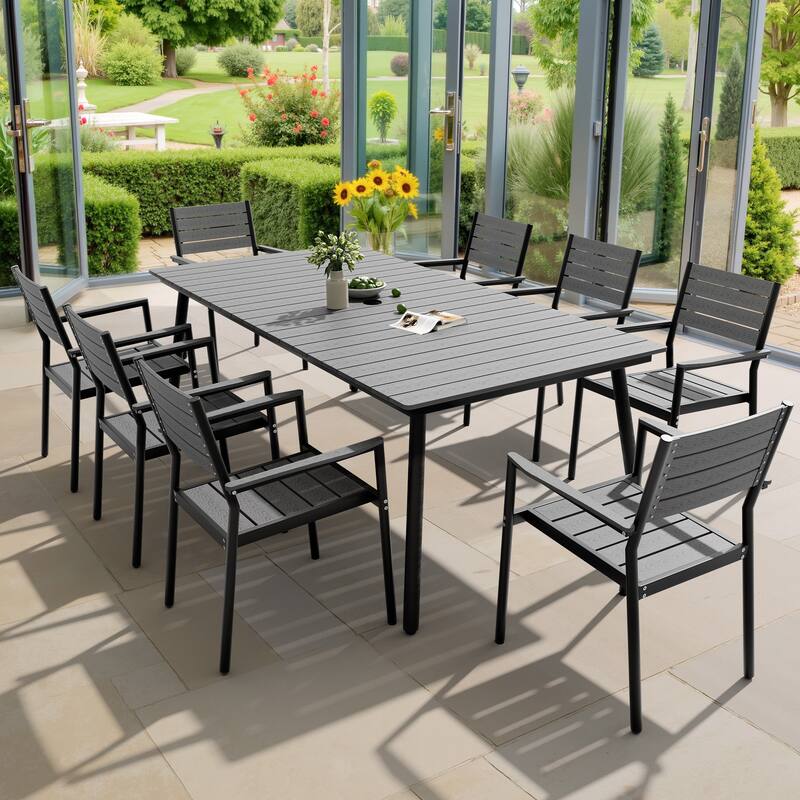 9-Piece Outdoor Patio Rectangle Aluminum Dining Table with Stackable Chairs - Grey
