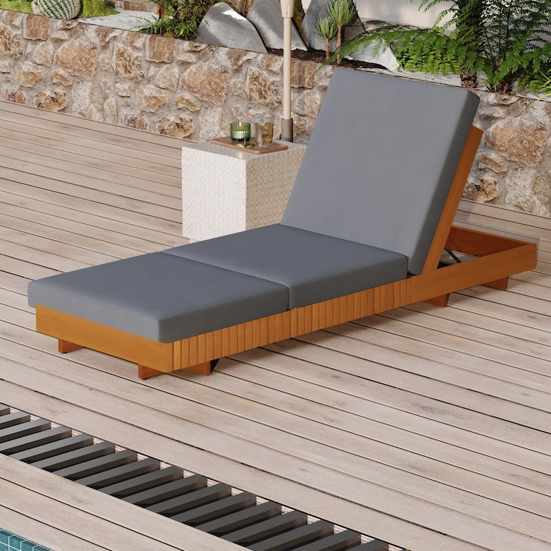 Modern Acacia Wood Outdoor Chaise Lounge with 6-position Adjustable Backrests and Water-resistant Cushions