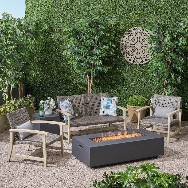 Augusta Outdoor Acacia Wood and Wicker 4 Seater Chat Set with Fire Pit by Christopher Knight Home
