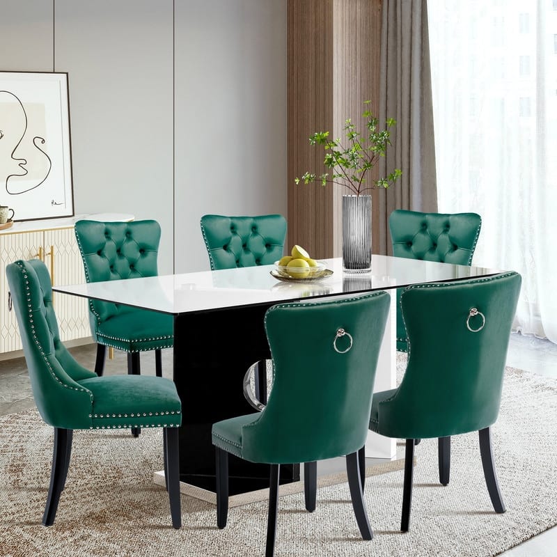 Solid Wood Velvet Upholstered Dining Chair Set of 6 - Green