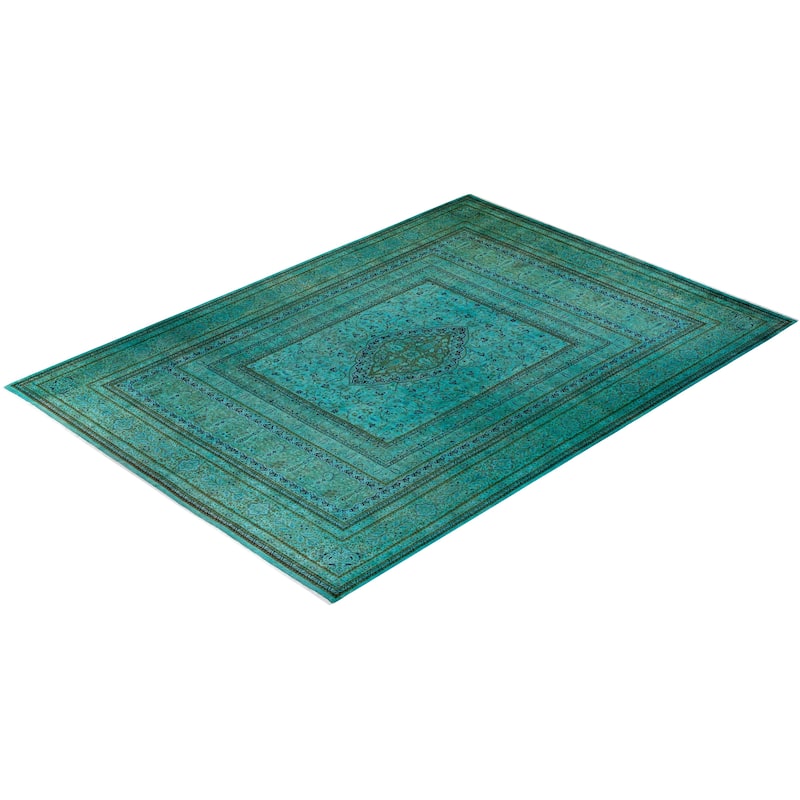 Overton Hand Knotted Wool Vintage Inspired Modern Contemporary Overdyed Green Area Rug - 9' 10" x 14' 3"