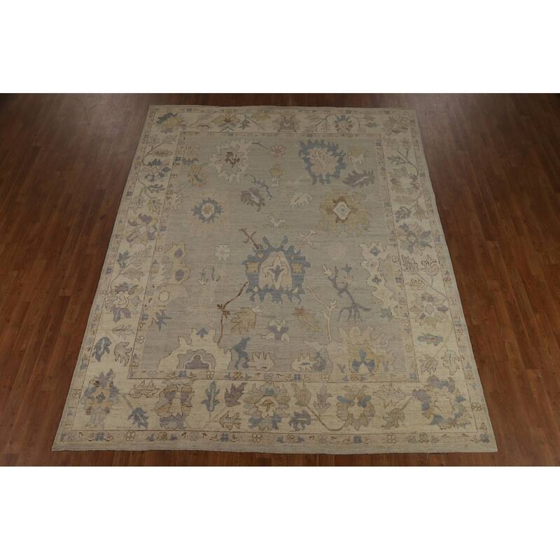 Vegetable Dye Floral Beige Oushak Turkish Rug Hand-Knotted Wool Carpet - 7'10" x 10'0"
