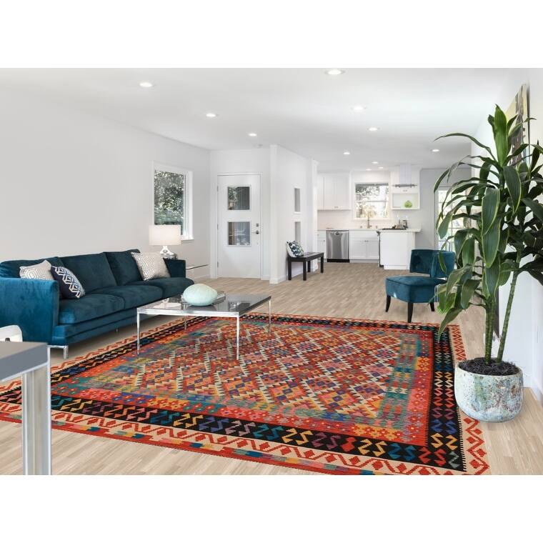 Reversible Kilim Area Rug Bedroom Hand-Woven Wool Carpet - 8'5" x 9'10"