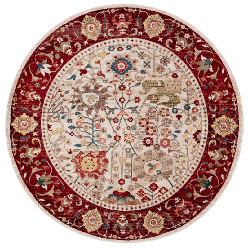 SAFAVIEH Kashan Laureen Oriental Rug with Fringe - 6'7" Round - Ivory/Red