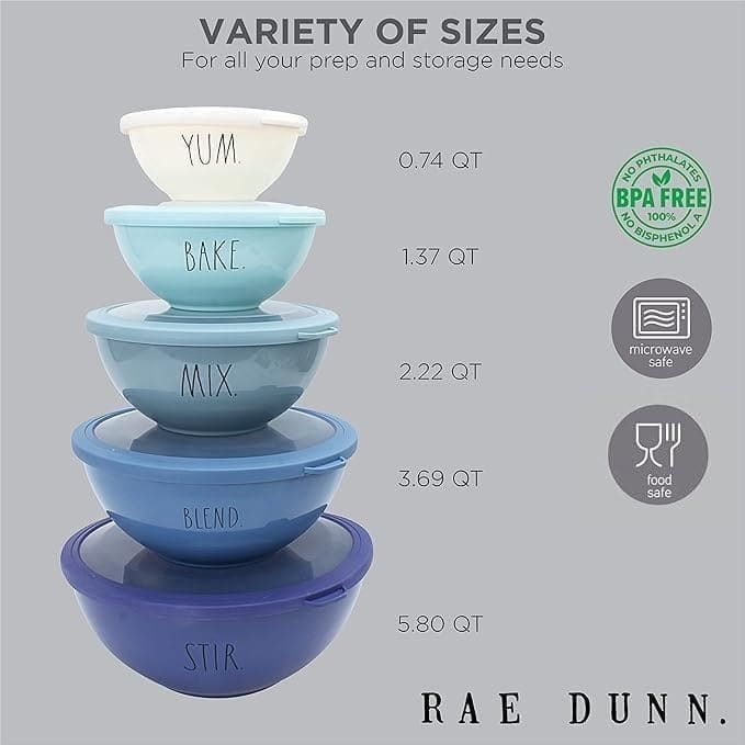 Rae Dunn Mixing Bowls with Lids - 10 Piece Plastic Nesting Bowls Set includes 5 Prep Bowls and 5 Lids