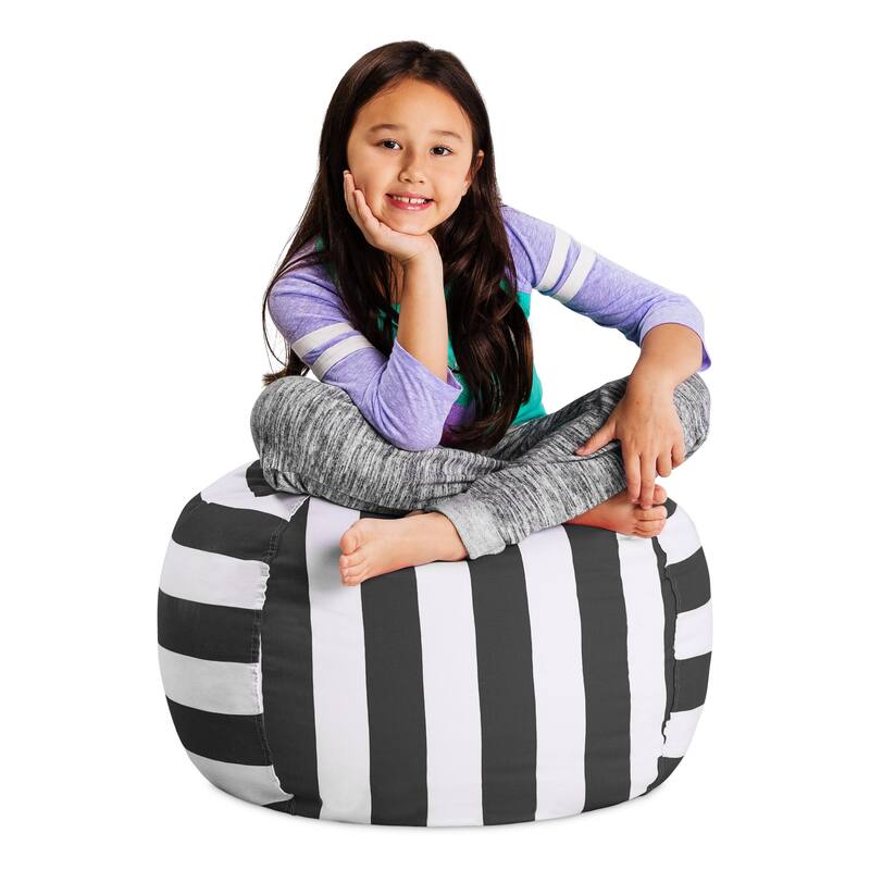 Kids' Stuffed Animal Storage Bean Bag Chair Cover or Toy Organizer - 27 Inches Medium - Canvas Stripes Gray and White