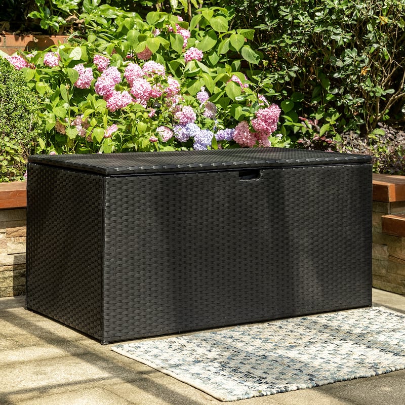 Glitzhome Patio 140 Gallon 52.75"W Oversize Black Wicker Storage Bench Deck Box - 52.75"W x 29"D x 26"H