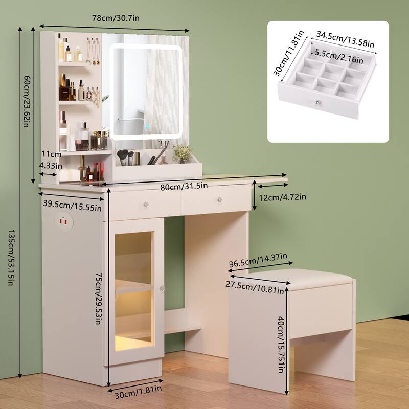 Vanity Desk with Glass Top, 3 Colors LED Lights & Mirror, Small Dressing Table with Power Outlet, 2 Drawers & Cabinet