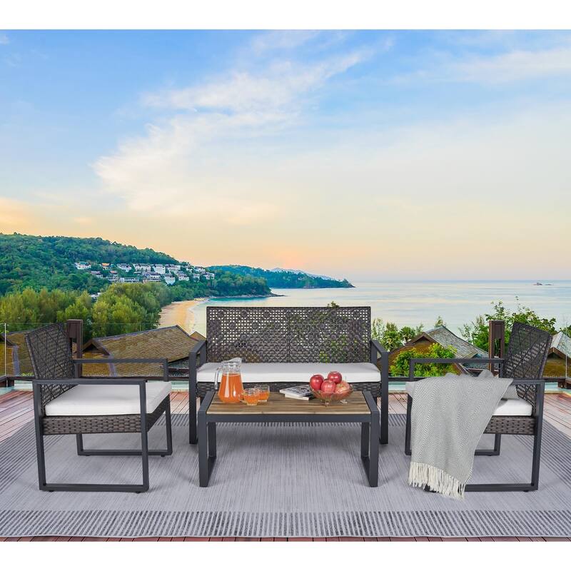 4-Piece Outdoor Patio Set with Double and Single Chairs, Acacia Wood Table, Durable PE Rattan Frame, Waterproof Cushions