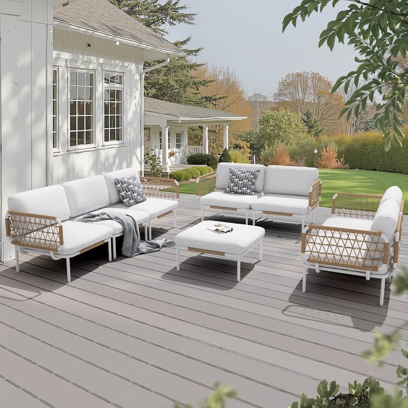 Outdoor Cushioned Sectional Sofa Chat Set Patio Conversation Seating Set - Beige - 8-Seat