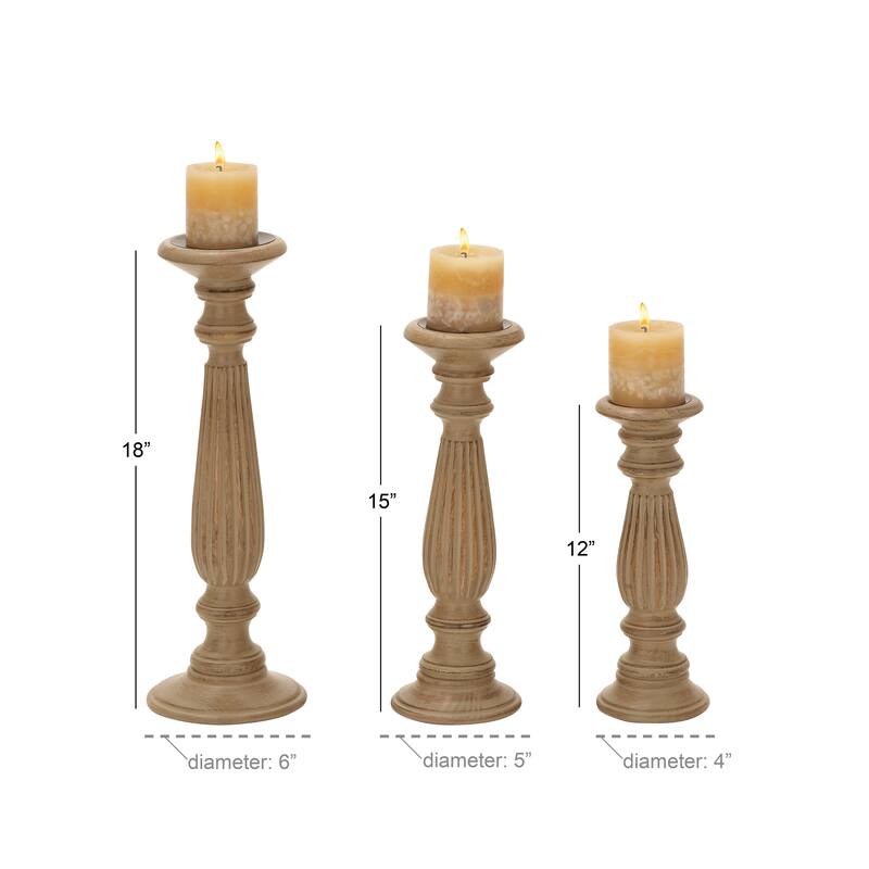 Traditional Mango Distressed Turned Pillar Wood Candle Holder (Set of 3) - Dark Brown, Beige, White