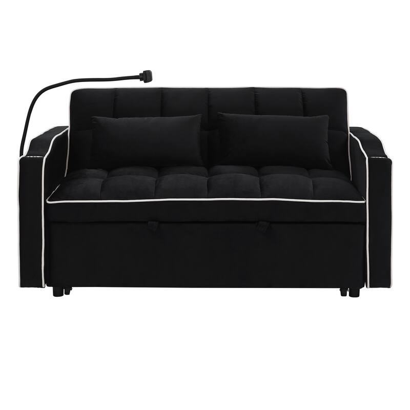 Modern Sofa Velvet Pull-out Bed, Adjustable Back and with USB Port