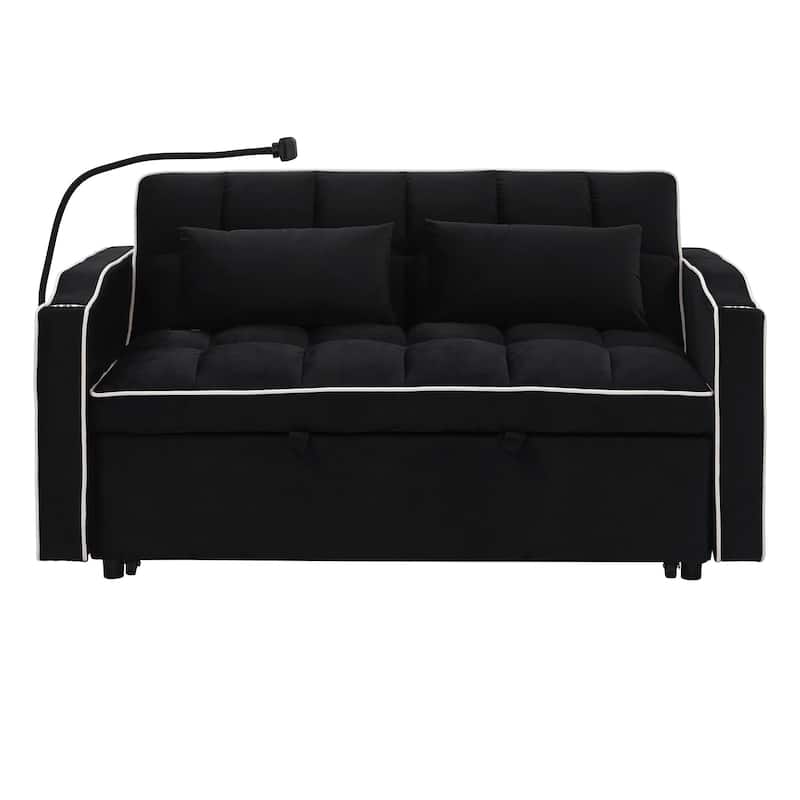 Small Folding Loveseat Sofa Bed with Adjustable Backrest, 55.5" Velvet Pull-Out Couch with USB Charging Port, Phone Holder