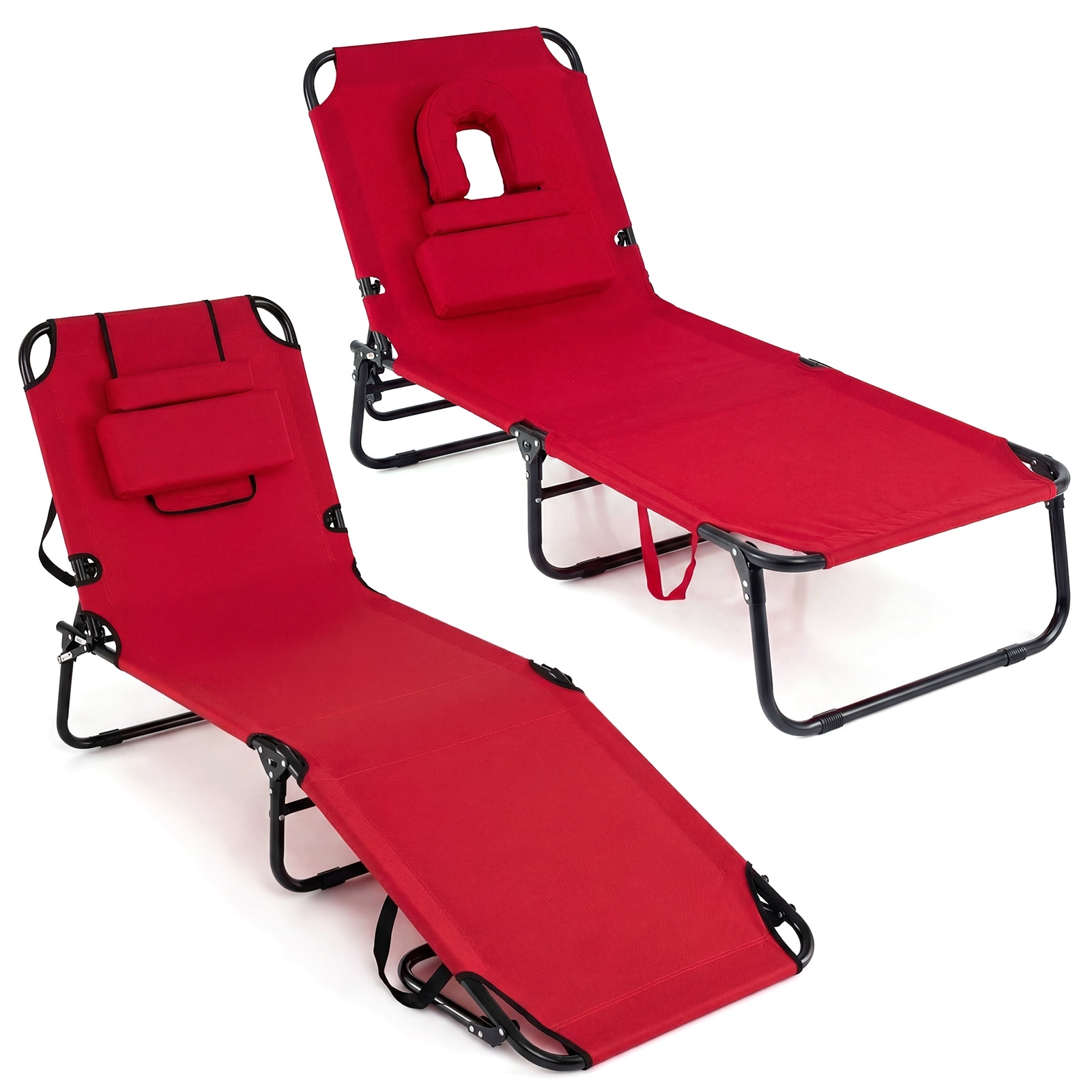 Gymax 2PCS Folding Beach Sun Lounger w/Face Hole & Removable Pillow