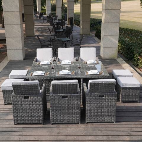 11-pc. Outdoor Patio Wicker Dining Table Set w/ Chairs and Ottomans