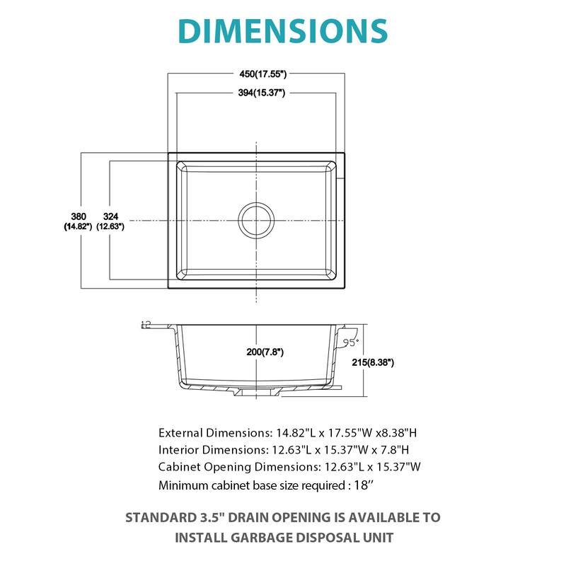 14.82" Undermount Single Bowl Quartz Kitchen Sink - 14.82'' x 17.55'' x 8.38''