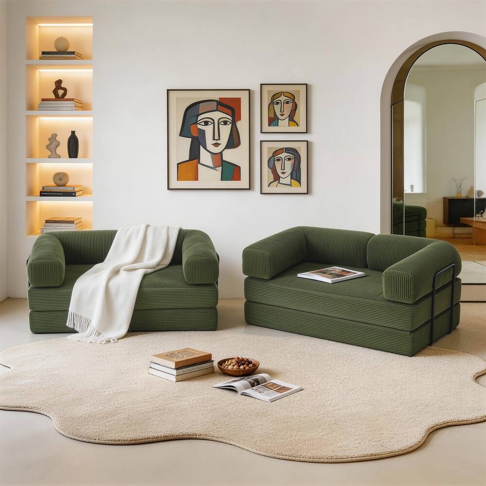 Oversized Corduroy Convertible Floor Sofa with Bolsters (Set of 2)