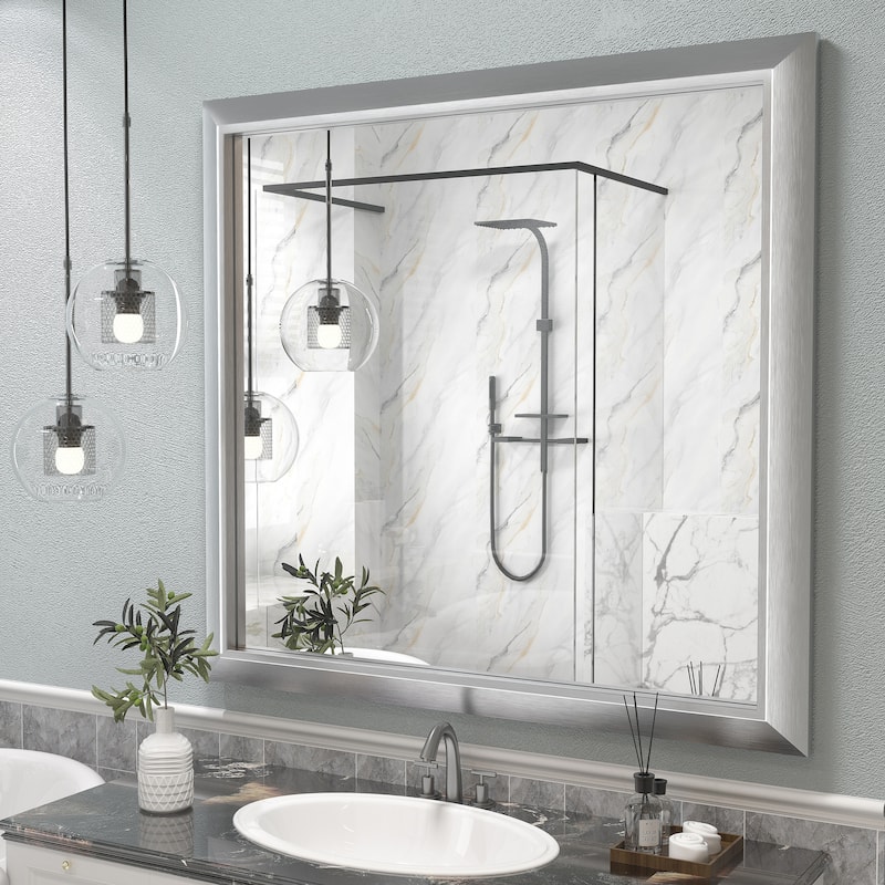 Beveled Metal Rectangle Framed Bathroom Vanity Tempered Glass Mirrors - 40" x 38" - Silver