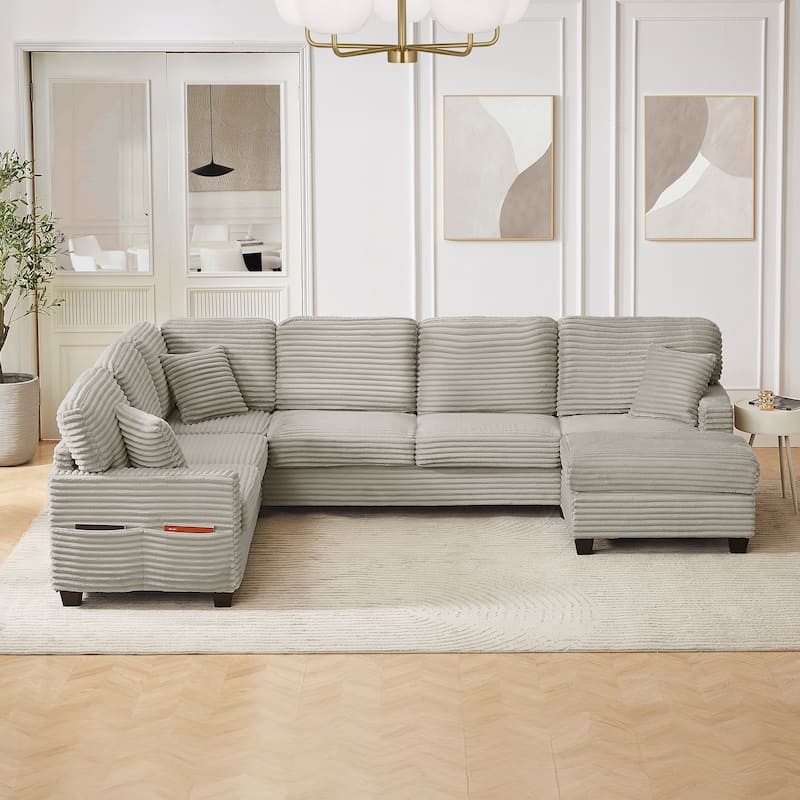 Roomfitters 125 Inch U-Shaped Sectional Sofa with Movable Ottoman, Corduroy Fabric, Side Pockets, Light Taupe
