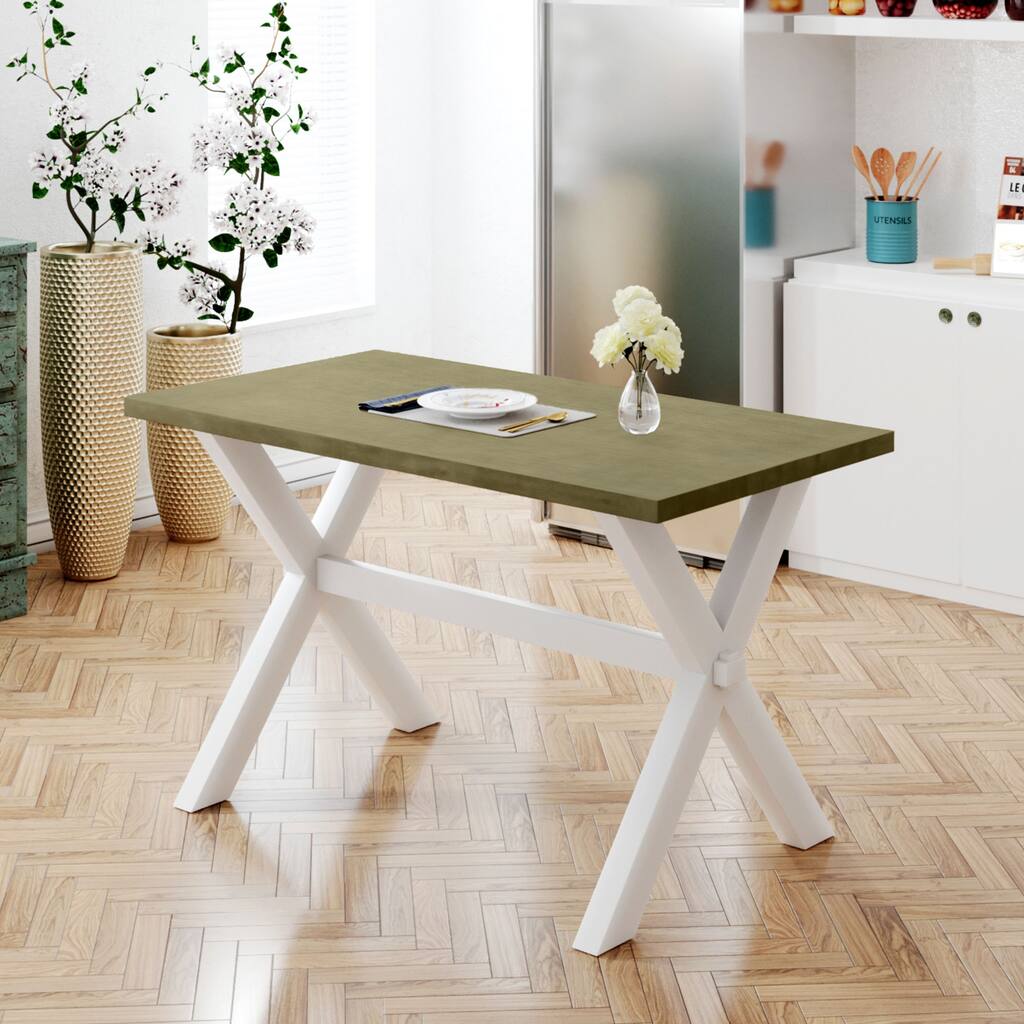 Rustic Wood Rectangular Dining Table with X-shape Legs - White+Green