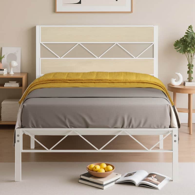 VECELO Vintage Metal Platform Bed Frame with Wood Headboard, Storage Bed, Noise-Free, No Box Spring Needed, Twin/Full/Queen Size - Oak - Twin